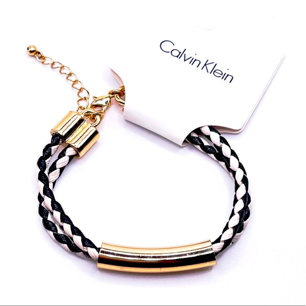Calvin Klein Black and White Woven Leather Bracelet with Good Toned Hardware